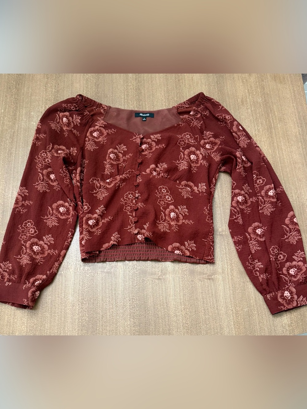 Madewell Burgundy Floral Button-Front Crop Blouse